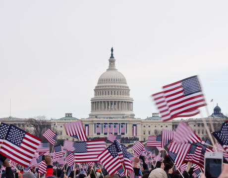  Picture of U.S. Capitol With American Flags Waving In The Foreground.