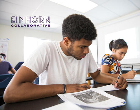Boy at desk studying with Einhorn Collaborative Logo above